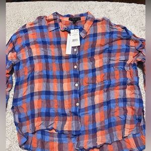 Sanctuary Plaid Orange Blue Boyfriend Shirt Button Top